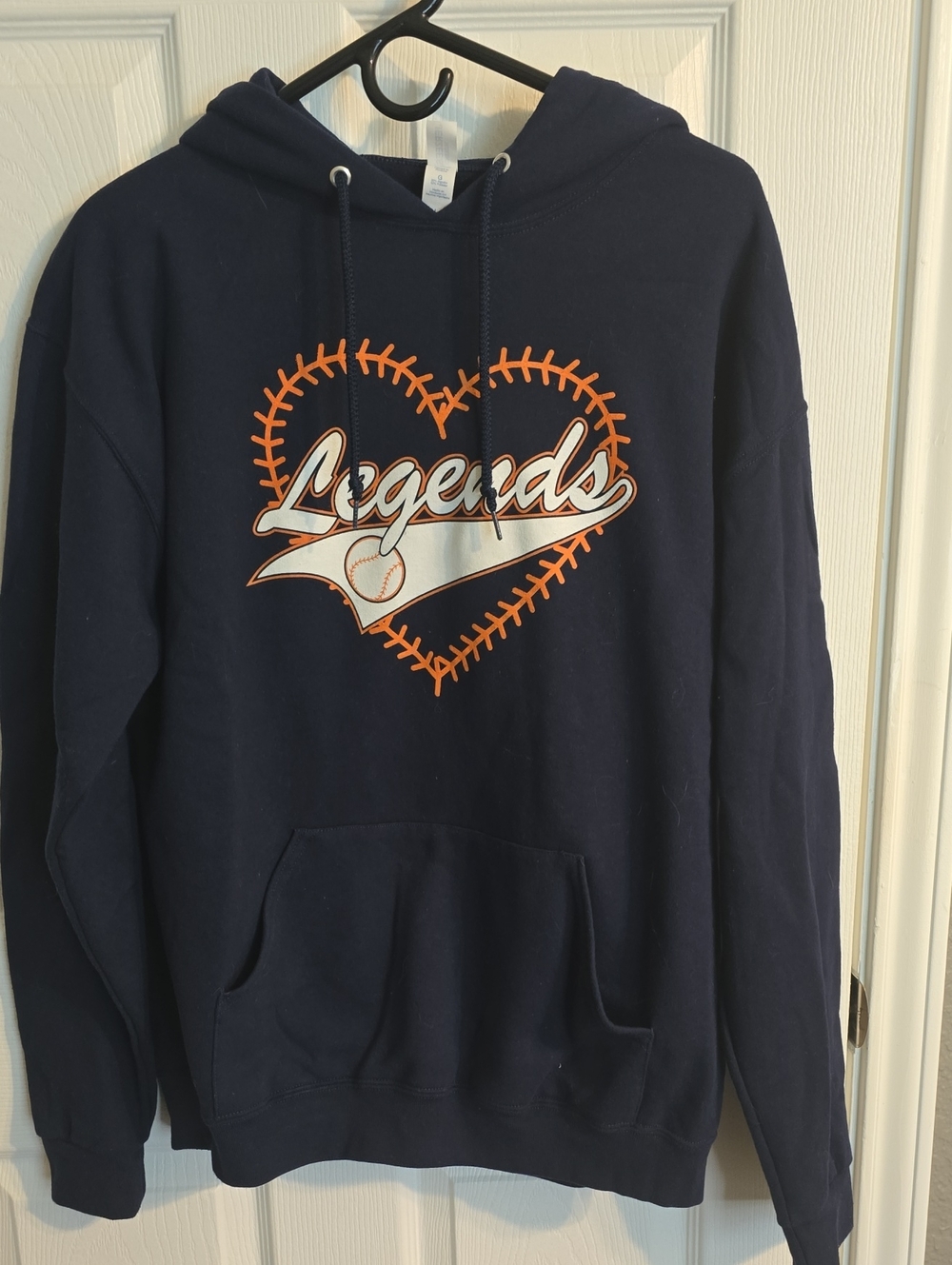 Jerzees Navy Hoodie with Orange Heart Baseball Graphic